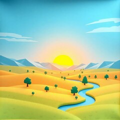 Serene Nature Landscape with Mountains, River, and Sunset Sky &ndash; Ideal Background for Design and Print, Generated AI
