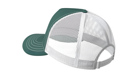 A green and white mesh cap, designed for casual wear and outdoor activities.