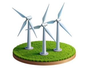 Isometric Wind Turbine with Rotating Blades on Green Base, Isolated on Transparent Background