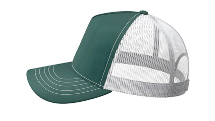 A green and white trucker cap with a mesh back, ideal for casual wear and sun protection.