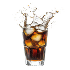 Refreshing cola drink with ice cubes splashing isolated on transparent background