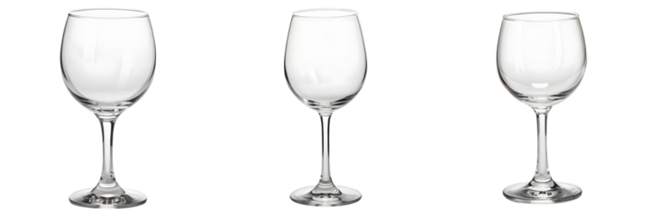 Three empty wine glasses isolated on transparent background