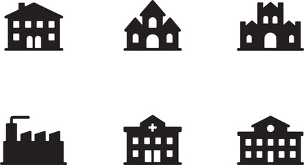 Fototapeta premium Seven Minimalist Black Building Silhouettes Set House Castle Factory Hospital School Icons white