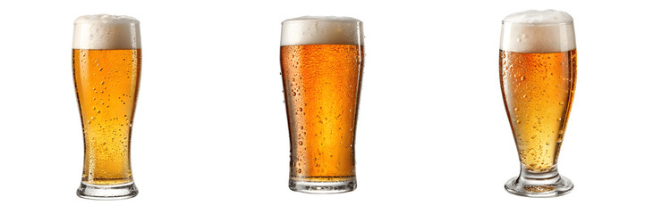 Three glasses of refreshing beer isolated on transparent background