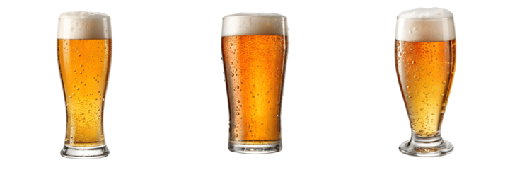 Three glasses of refreshing beer isolated on transparent background