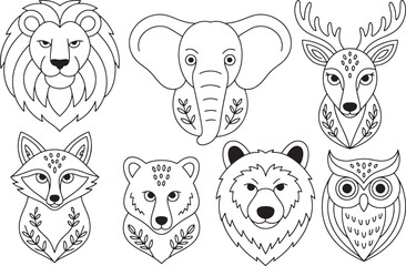Obraz premium Black And White Line Art Illustrations Of Lion Elephant Deer Fox Bear And Owl Heads With Floral Elements