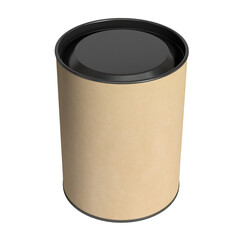 A cylindrical container with a black lid, typically used for storage or packaging.