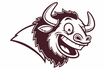 Cartoon buffalo head with big horns and wide grin showcases fun style