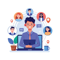 Virtual Meeting Illustration: Online Communication, Teamwork, and Global Connection