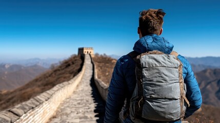 A traveler stands atop the Great Wall of China, looking out over the breathtaking landscape, symbolizing adventure and exploration amidst historic significance.