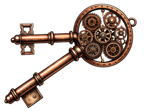  Hand-Drawn Steampunk-Style Vintage Key with Gears and Engraved Details, Isolated on Transparent Background