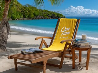 A wooden beach chair with a yellow towel and books sits on a sandy shore under a palm tree, overlooking a calm turquoise sea and clear sky.