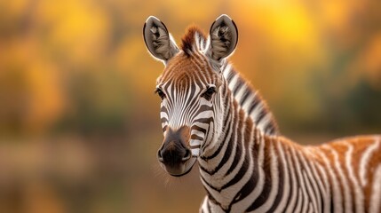 This captivating close-up showcases a zebra with vibrant stripes set against a blurred autumn background, emphasizing its unique beauty and natural habitat.