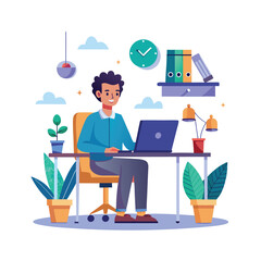 Young Professional Working from Home with Laptop, Clock and Office Decor