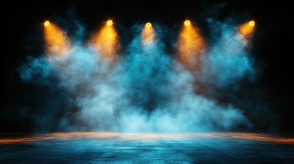 An artistic representation of dramatic stage lighting effects with colorful smoke, creating a captivating atmosphere, ideal for showcasing performances, events, or theaters.