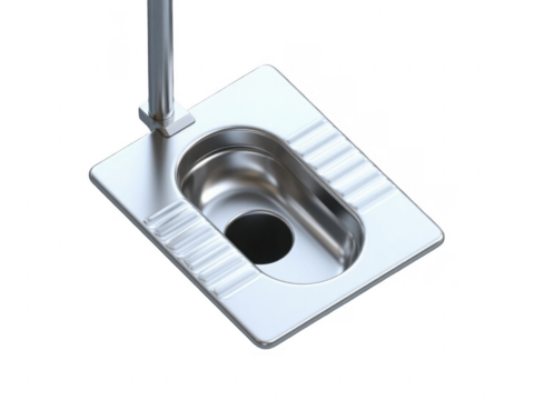 Stainless steel squat toilet with a faucet for rinsing in a transparent background