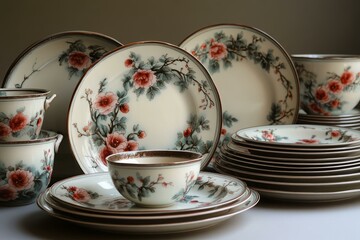 Elegant porcelain dinnerware with floral designs arranged on table, showcasing a full set of traditional vintage tableware aesthetic
