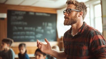 A passionate teacher interacts with young students in a classroom setting, embodying enthusiasm for learning while fostering a collaborative and engaging environment.