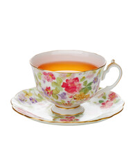 Floral Teacup and Saucer Filled with Tea on White Background