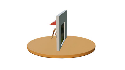 A minimalist 3D rendering of a table with a red umbrella and a vertical panel, suggesting a cozy outdoor setting.