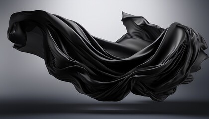 3d rendering black silk drapery levitating in the darkness illuminated by dramatic light a piece of cloth is blown by the wind