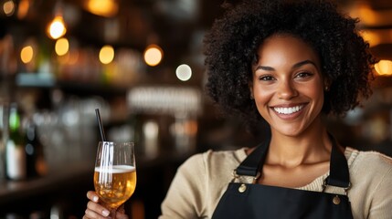 A friendly bartender wearing an apron, cheerfully holding a glass of beer, showcasing the welcoming ambiance of a lively pub and bringing joy to patrons.