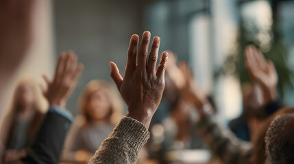 A politician addressing community issues during a town hall meeting with local residents raising hands for questions.