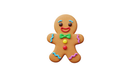 A cheerful gingerbread man with colorful icing details, including a bow tie and buttons, isolated on a white background.