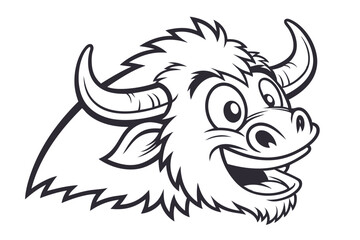 Black outline cartoon bull mascot looks cheerfully ahead, ready for adventure and action