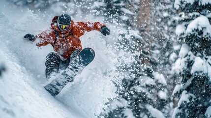 Fototapeta premium A snowboarder is going down a snowy slope