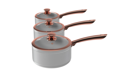 A set of three stylish cooking pots with copper handles and lids, designed for culinary use.