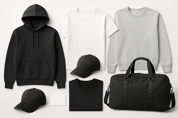 Create a realistic mockup of a design template. Black, White, Brown colors. Classic stationery template. Hoodie, T-shirt, Hat, Cap, Travel bag, Business card, isolated on a plain white background.