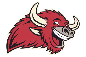 A happy red bull with large white horns and a smile is seen