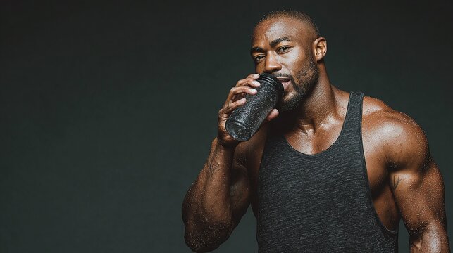 Sweaty muscular man in workout attire takes a refreshing drink from his shaker cup. Staying hydrated and strong.