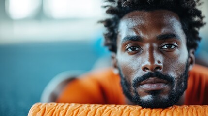 A serious man lies on an exercise mat in a gym, displaying focus and concentration, embodying the dedication required for fitness and personal growth.