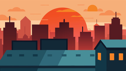 Naklejka premium Abstract sunset cityscape illustration with silhouetted buildings and urban scenery
