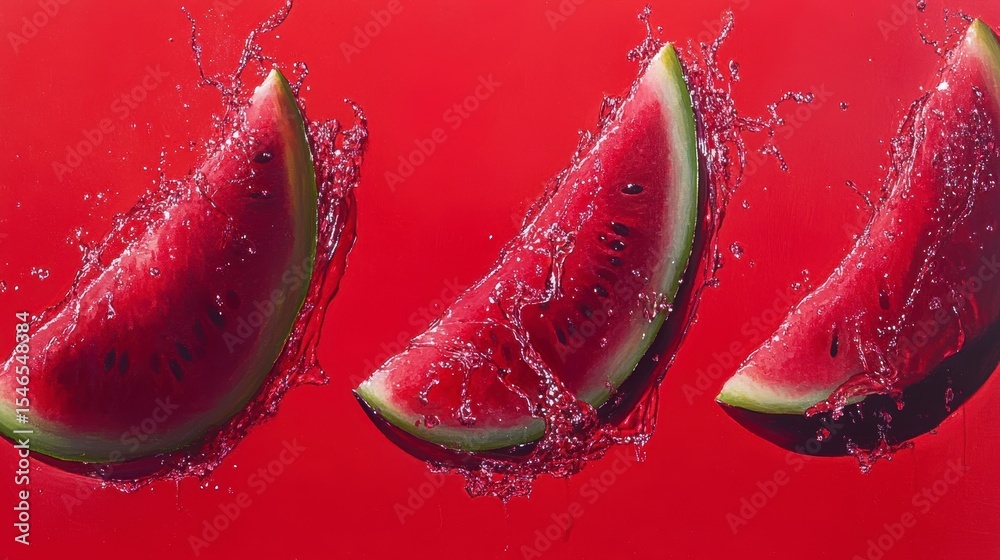 Poster three watermelon slices splashing in water against a red background. (1)