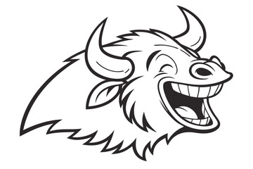 Laughing cartoon bull head shows teeth in black and white line art drawing