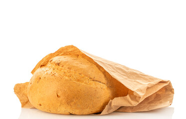 Loaf of white wheat bread, close-up, isolated on white background.