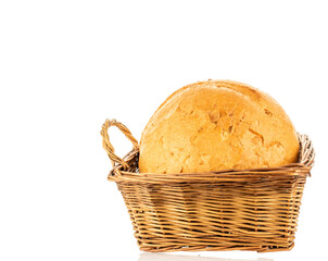Loaf of white wheat bread, close-up, isolated on white background.