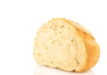 Loaf of white wheat bread, close-up, isolated on white background.
