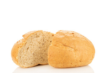 Loaf of white wheat bread, close-up, isolated on white background.