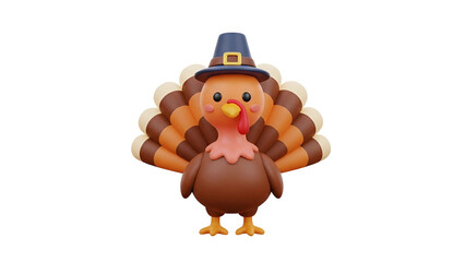 A cheerful, 3D-rendered turkey wearing a pilgrim hat, ready for Thanksgiving.
