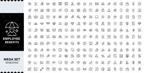 BENEFITS LINE ICON SET, Pay raise, maternity rest, health and life insurance, paid vacation, Employee benefits line icon set. Maternity leave, paid leave, insurance,bonuses, Editable stroke.