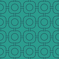 A seamless pattern features a repeating geometric floral design in teal and dark outlines. The symmetrical shapes create a uniform and decorative background.