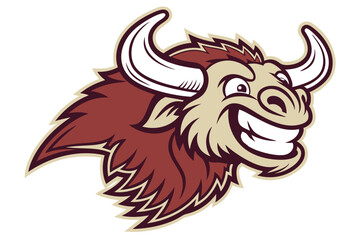 Cartoon ox head is grinning with big, white teeth in a bold vector