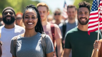 A woman holding an american flag and smiling