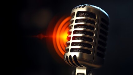 Vintage microphone with glowing sound wave symbolizing voice technology, set against dark background with copy space. Concept of audio innovation and communication.