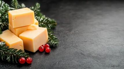 A collection of creamy yellow soap blocks beautifully arranged with festive decorations like pine branches and red berries, embodying the spirit of Christmas and holiday crafting.