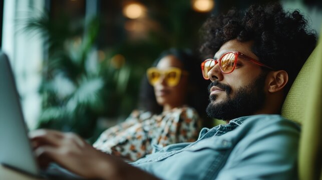 A stylish couple lounging in a cozy indoor space while using their laptops, with a lush green backdrop, representing modern lifestyles on the go and relaxed atmospheres.